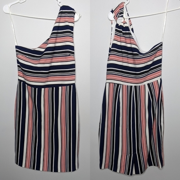 ✨3/$15  J by J.O.A. pink black navy blue striped one shoulder dress S - Picture 1 of 7